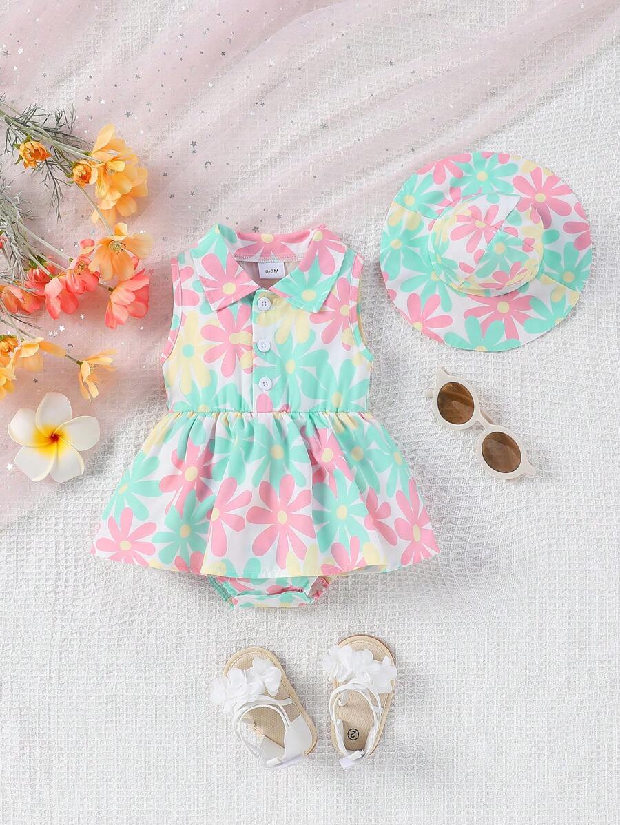 2pcs Baby Girl Floral Romper Set - Sleeveless Ruffle Jumpsuit with Matching Sun Hat