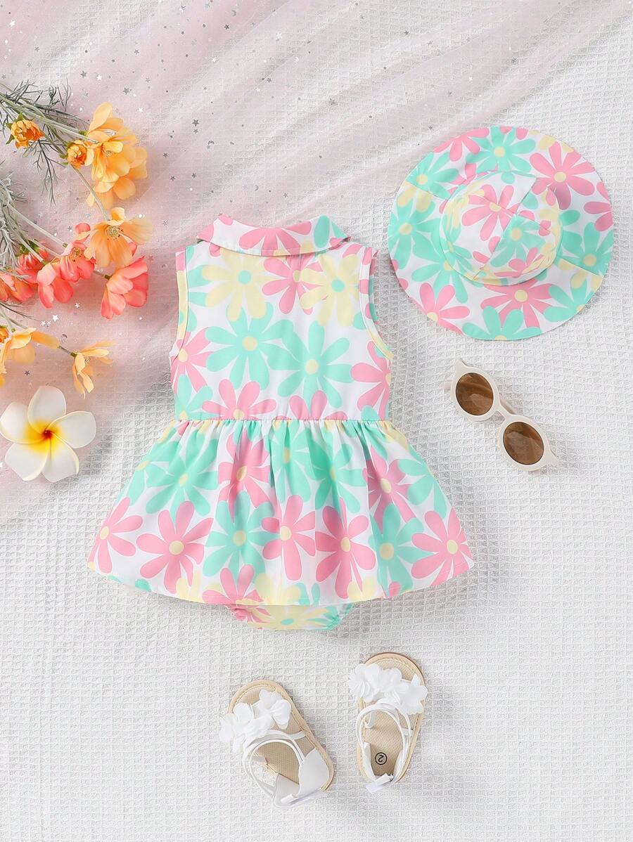 2pcs Baby Girl Floral Romper Set - Sleeveless Ruffle Jumpsuit with Matching Sun Hat