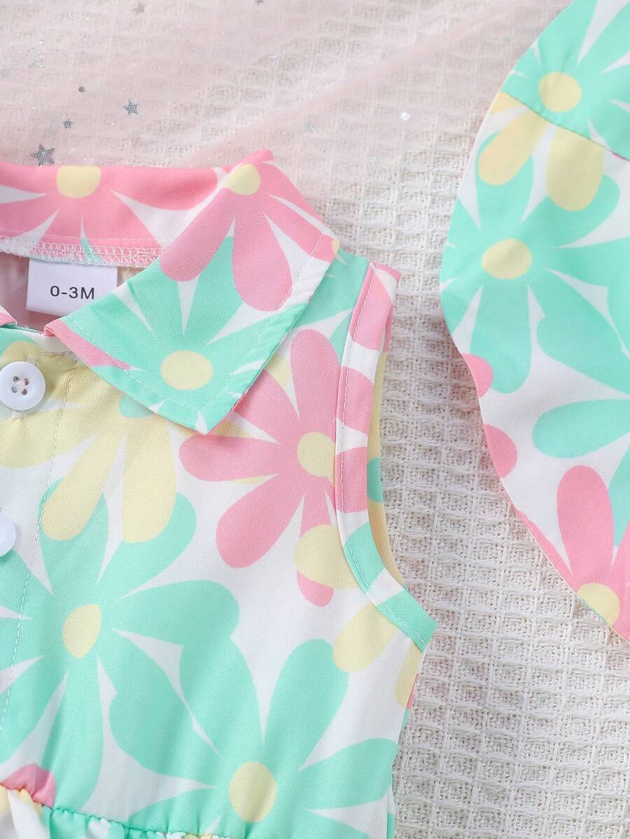2pcs Baby Girl Floral Romper Set - Sleeveless Ruffle Jumpsuit with Matching Sun Hat