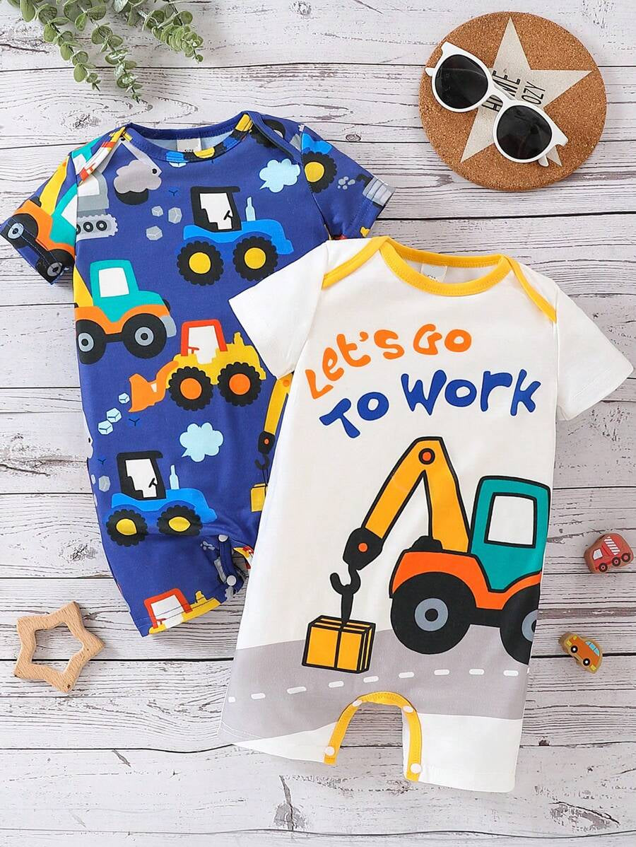 Toddler Boy Construction Machinery Print Short Sleeve Romper 2 Piece Casual Spring Summer Outfit Set