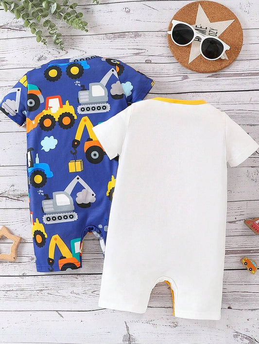 Toddler Boy Construction Machinery Print Short Sleeve Romper 2 Piece Casual Spring Summer Outfit Set