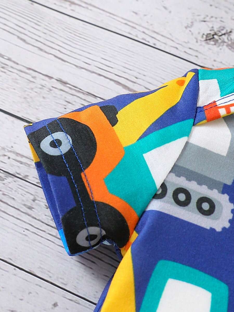 Toddler Boy Construction Machinery Print Short Sleeve Romper 2 Piece Casual Spring Summer Outfit Set