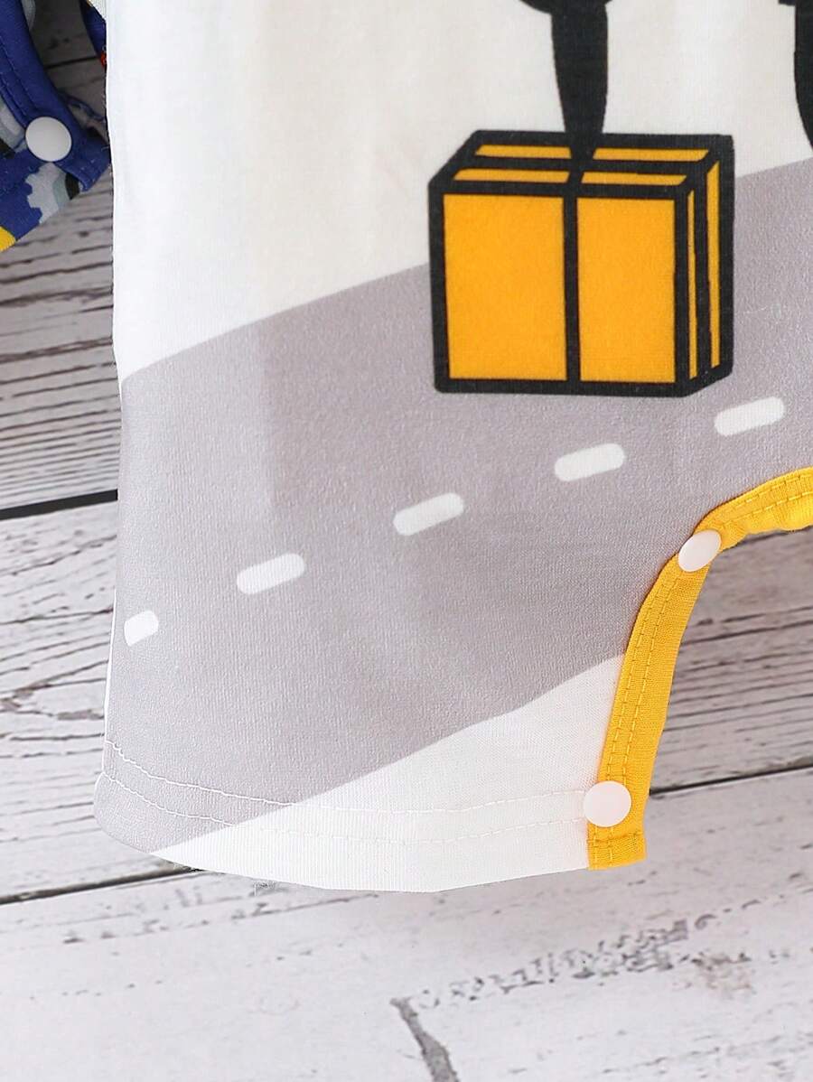 Toddler Boy Construction Machinery Print Short Sleeve Romper 2 Piece Casual Spring Summer Outfit Set