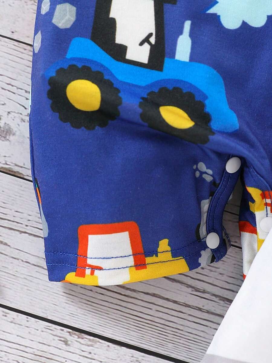 Toddler Boy Construction Machinery Print Short Sleeve Romper 2 Piece Casual Spring Summer Outfit Set