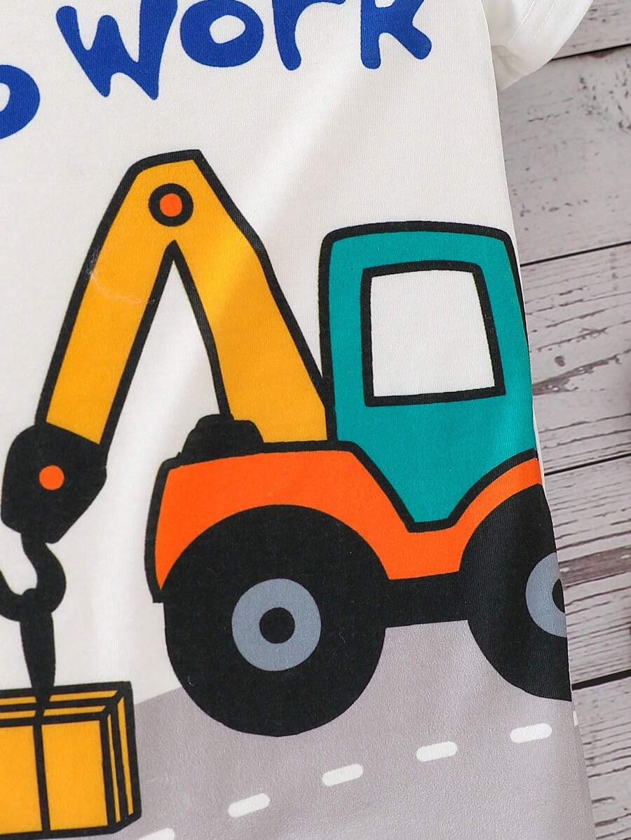 Toddler Boy Construction Machinery Print Short Sleeve Romper 2 Piece Casual Spring Summer Outfit Set