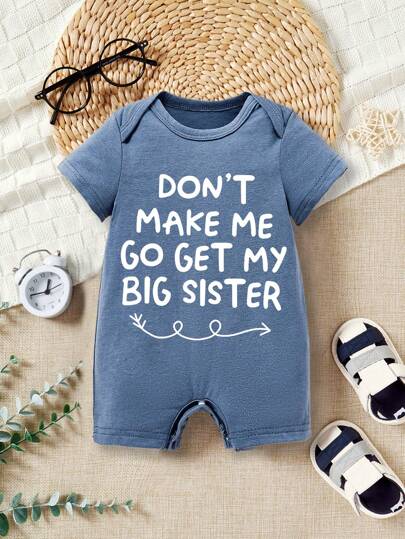 Casual Cotton Baby Boys Romper With Funny Big Sister Slogan Print