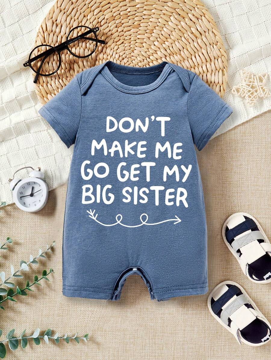 Casual Cotton Baby Boys Romper With Funny Big Sister Slogan Print
