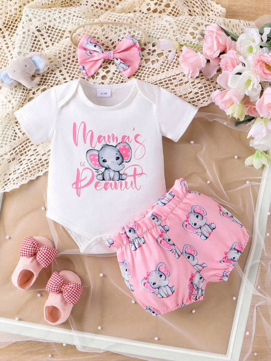Baby Girl Animal and Letter Print Bodysuit with Shorts Set