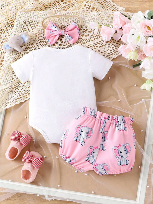 Baby Girl Animal and Letter Print Bodysuit with Shorts Set