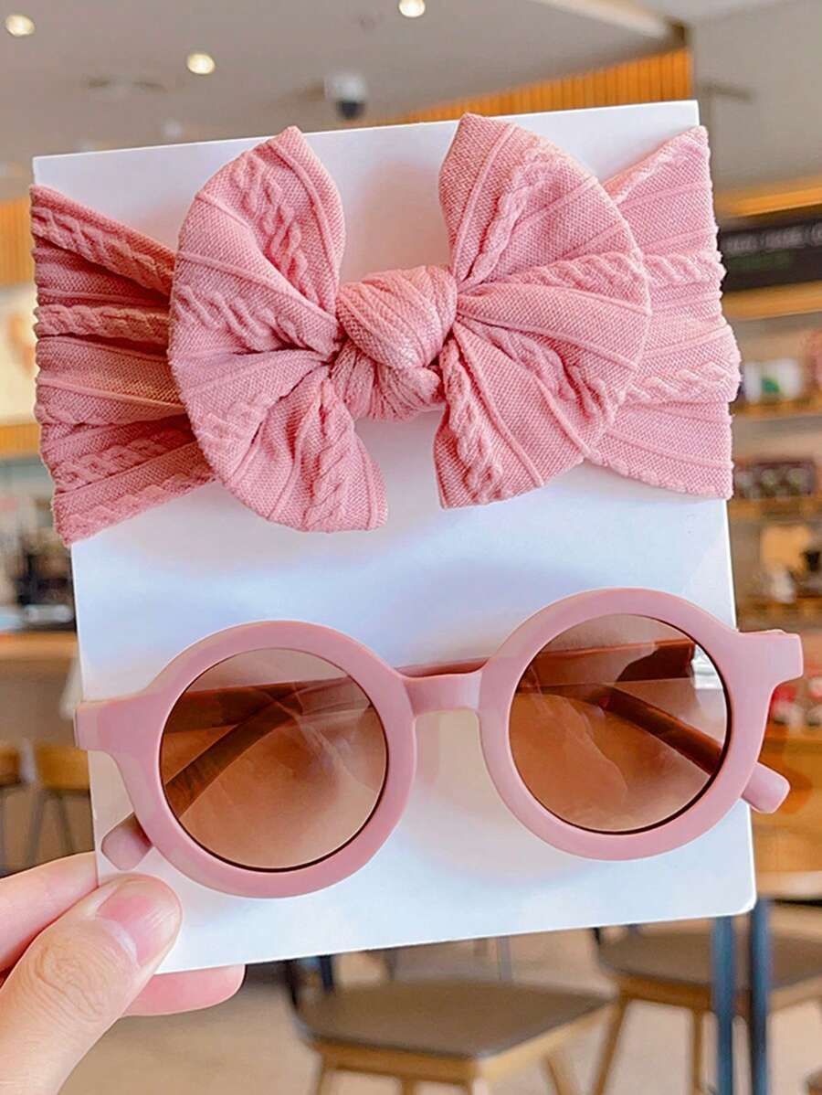 2 Pcs Kids Round Fashion Glasses & Bow Headband Set - Solid Color Unisex Baby Eyewear, Cute Toddler Hair Accessories