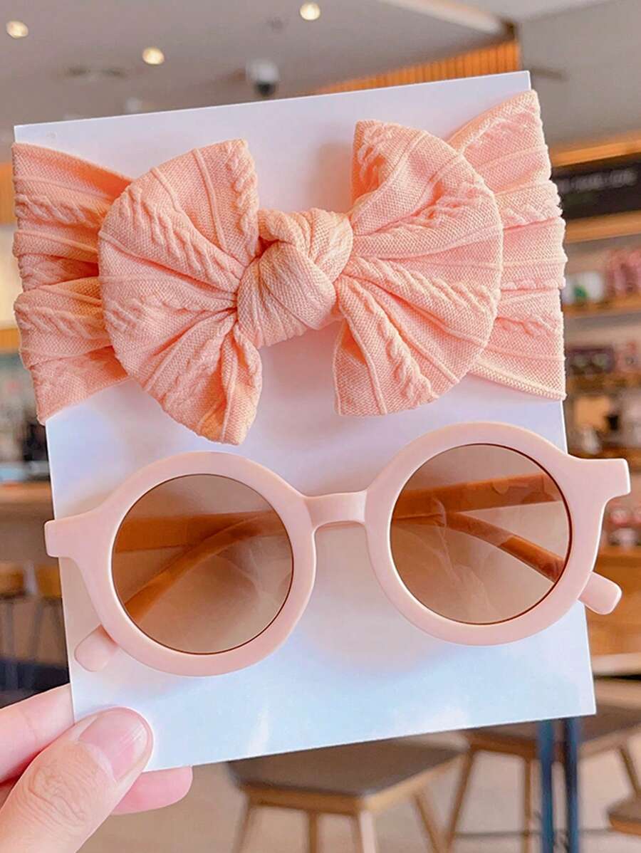 2 Pcs Kids Round Fashion Glasses & Bow Headband Set - Solid Color Unisex Baby Eyewear, Cute Toddler Hair Accessories