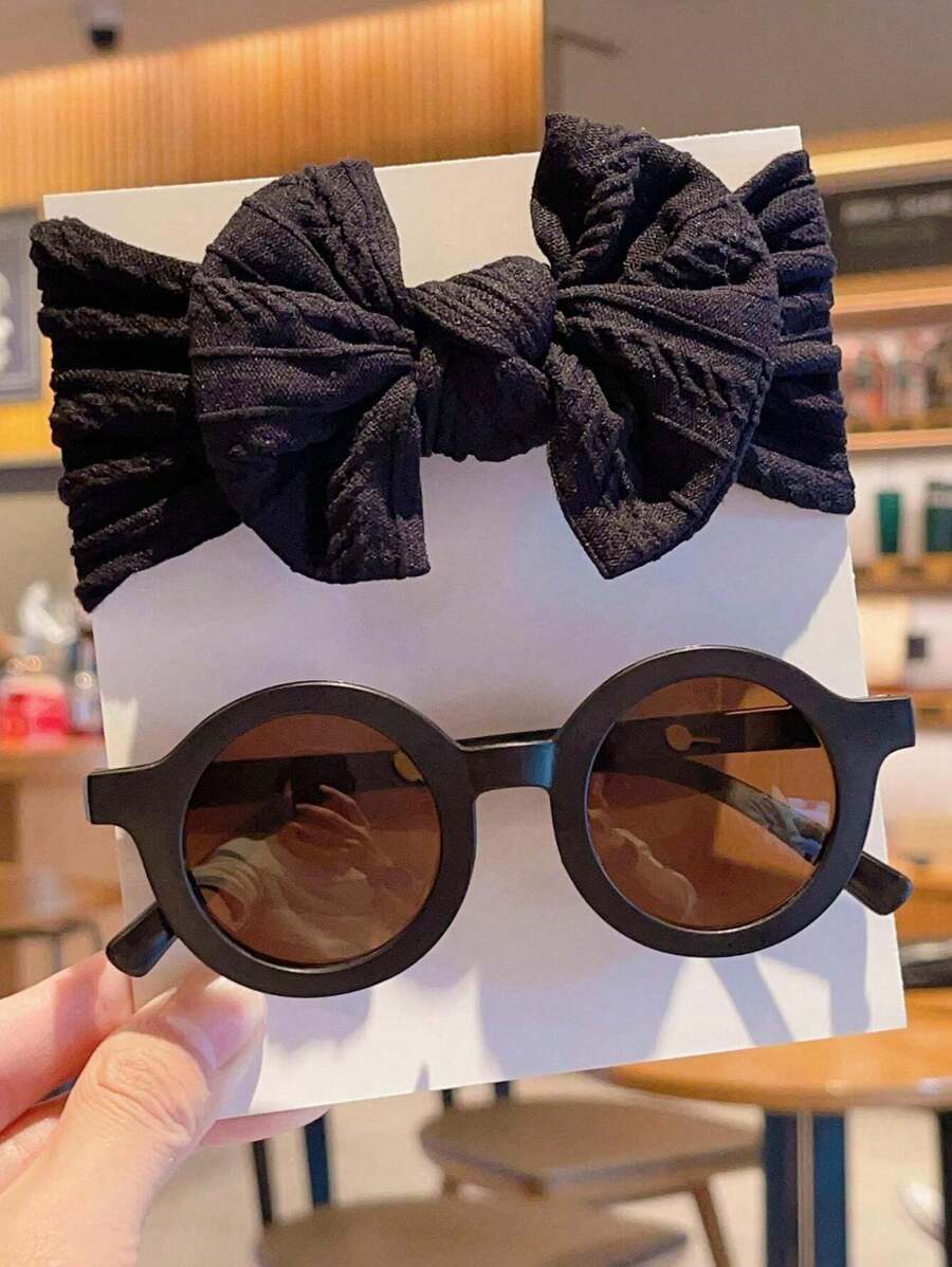 2 Pcs Kids Round Fashion Glasses & Bow Headband Set - Solid Color Unisex Baby Eyewear, Cute Toddler Hair Accessories
