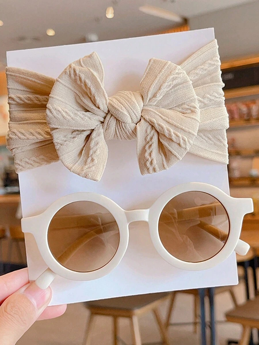 2 Pcs Kids Round Fashion Glasses & Bow Headband Set - Solid Color Unisex Baby Eyewear, Cute Toddler Hair Accessories