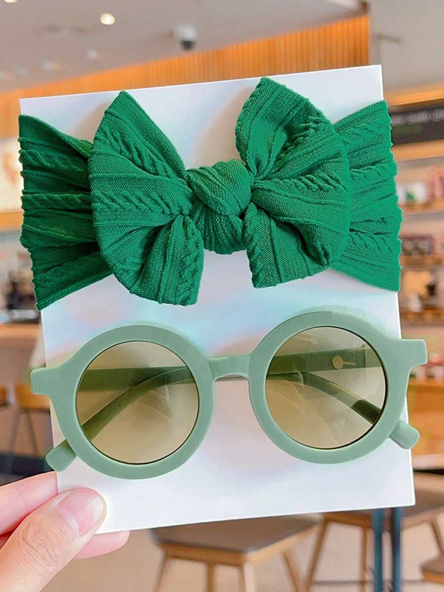 2 Pcs Kids Round Fashion Glasses & Bow Headband Set - Solid Color Unisex Baby Eyewear, Cute Toddler Hair Accessories