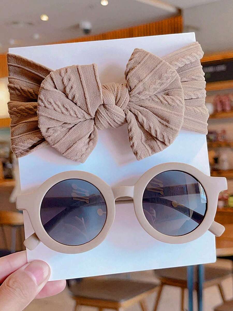 2 Pcs Kids Round Fashion Glasses & Bow Headband Set - Solid Color Unisex Baby Eyewear, Cute Toddler Hair Accessories