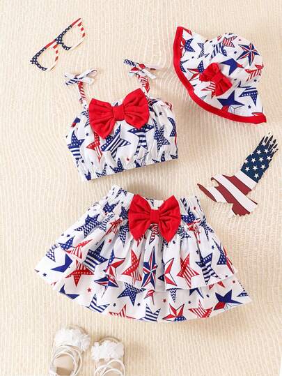 Sleeveless Top Hat And Layered Skirt Set For Toddler Girls Summer Outfit