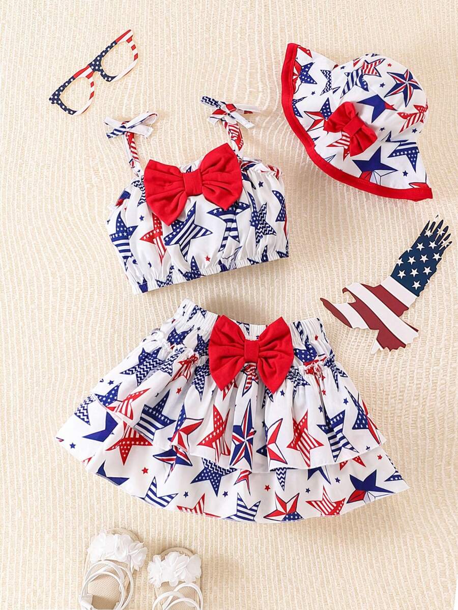 Sleeveless Top Hat And Layered Skirt Set For Toddler Girls Summer Outfit