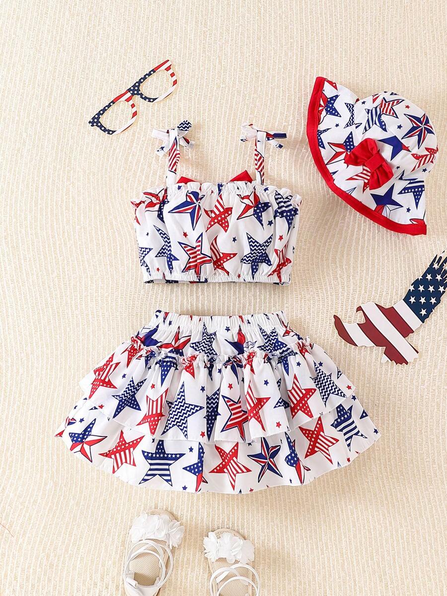 Sleeveless Top Hat And Layered Skirt Set For Toddler Girls Summer Outfit