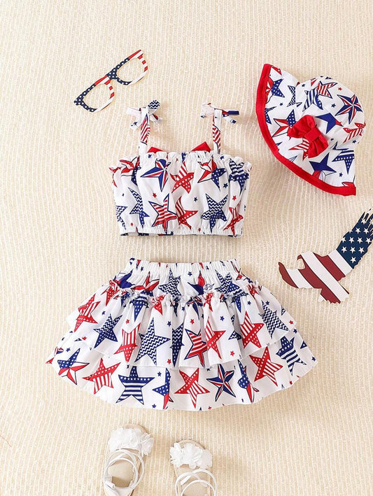 Sleeveless Top Hat And Layered Skirt Set For Toddler Girls Summer Outfit