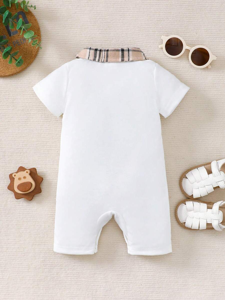 Newborn Baby Boy Plaid Texture Polo Short Sleeve Jumpsuit Casual Summer Outfit for Daily Wear