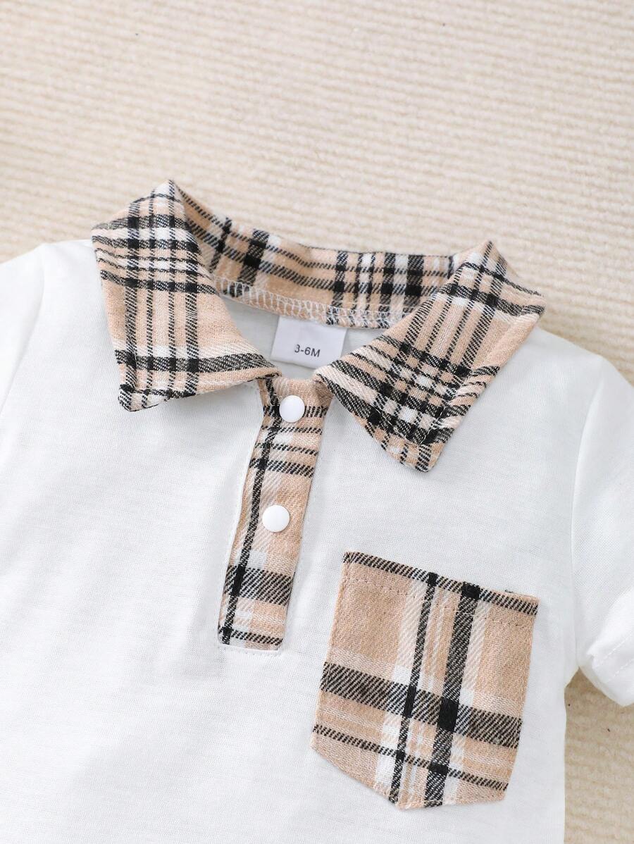 Newborn Baby Boy Plaid Texture Polo Short Sleeve Jumpsuit Casual Summer Outfit for Daily Wear