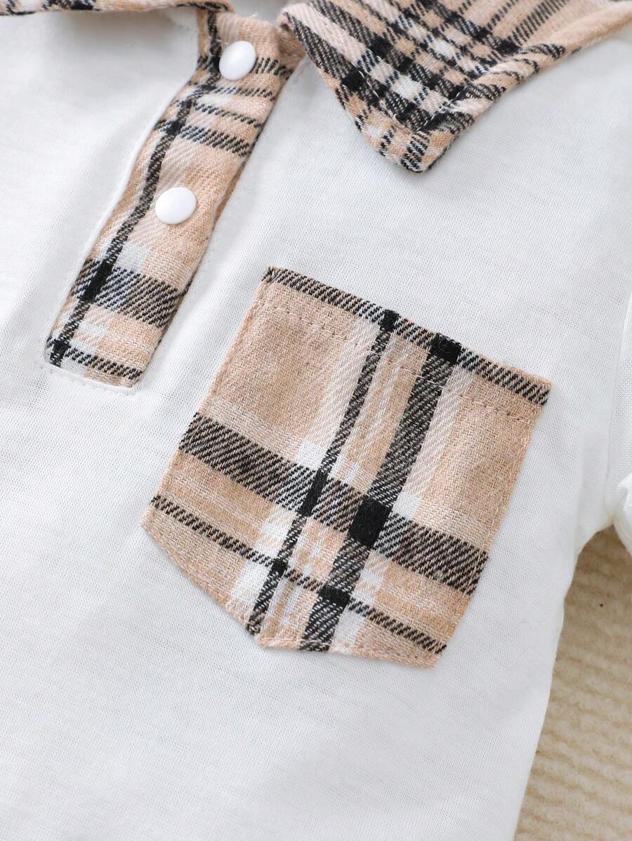 Newborn Baby Boy Plaid Texture Polo Short Sleeve Jumpsuit Casual Summer Outfit for Daily Wear