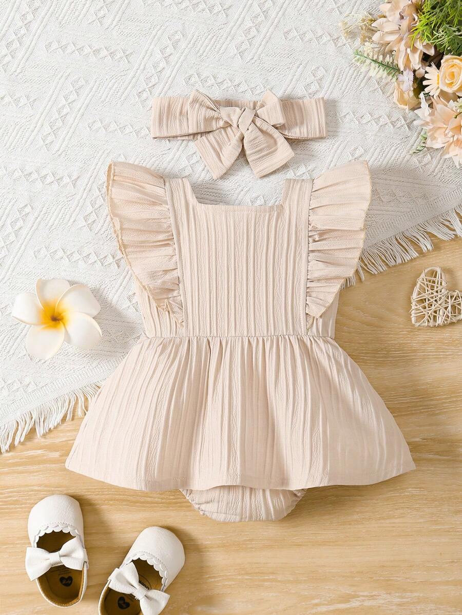Baby Girl 2pcs Summer Clothes Set - Blue Jacquard Ruffle Romper and Headband