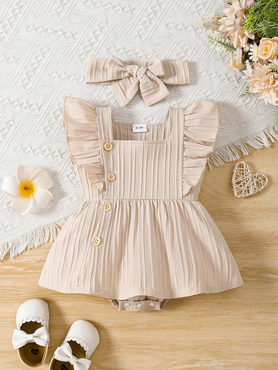 Baby Girl 2pcs Summer Clothes Set - Blue Jacquard Ruffle Romper and Headband