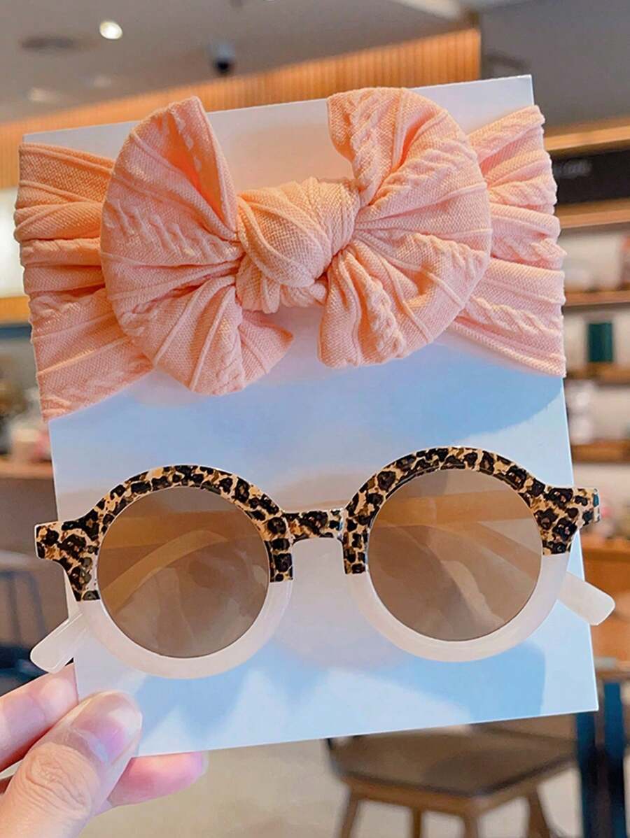 2 Pcs Kids Round Fashion Glasses & Bow Headband Set - Solid Color Unisex Baby Eyewear, Cute Toddler Hair Accessories
