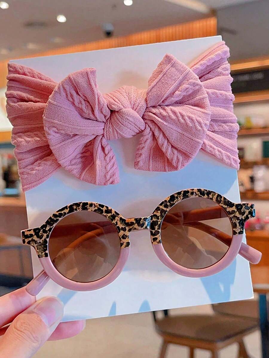 2 Pcs Kids Round Fashion Glasses & Bow Headband Set - Solid Color Unisex Baby Eyewear, Cute Toddler Hair Accessories