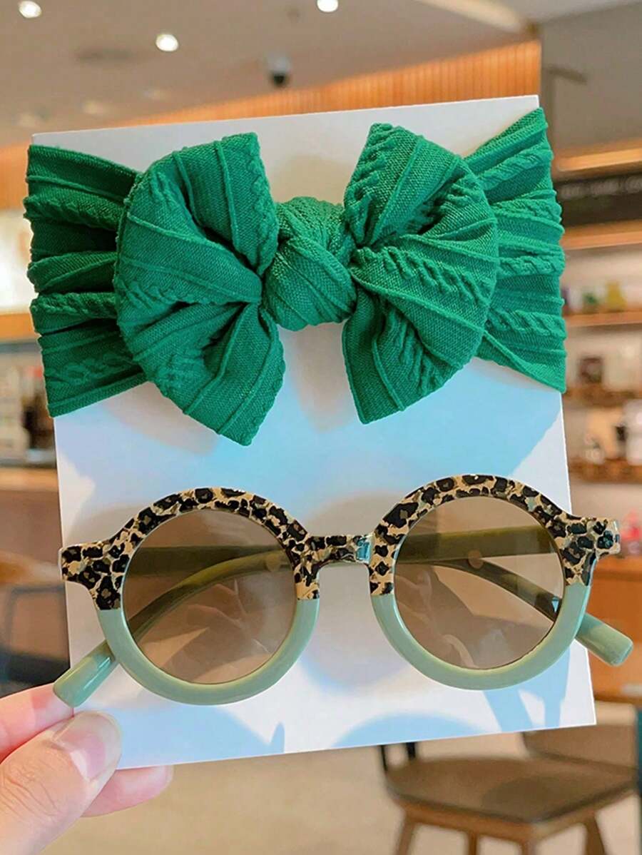 2 Pcs Kids Round Fashion Glasses & Bow Headband Set - Solid Color Unisex Baby Eyewear, Cute Toddler Hair Accessories
