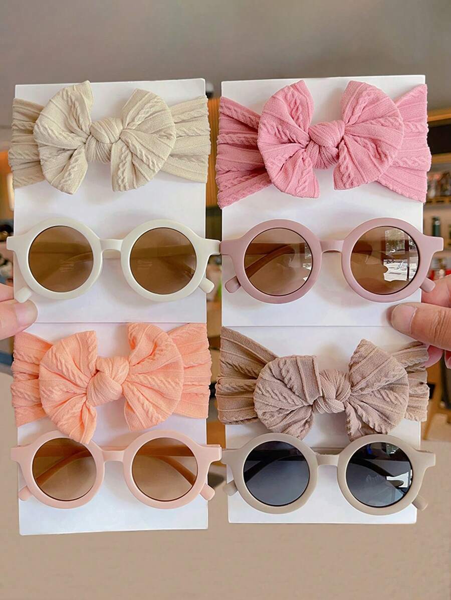 2 Pcs Kids Round Fashion Glasses & Bow Headband Set - Solid Color Unisex Baby Eyewear, Cute Toddler Hair Accessories