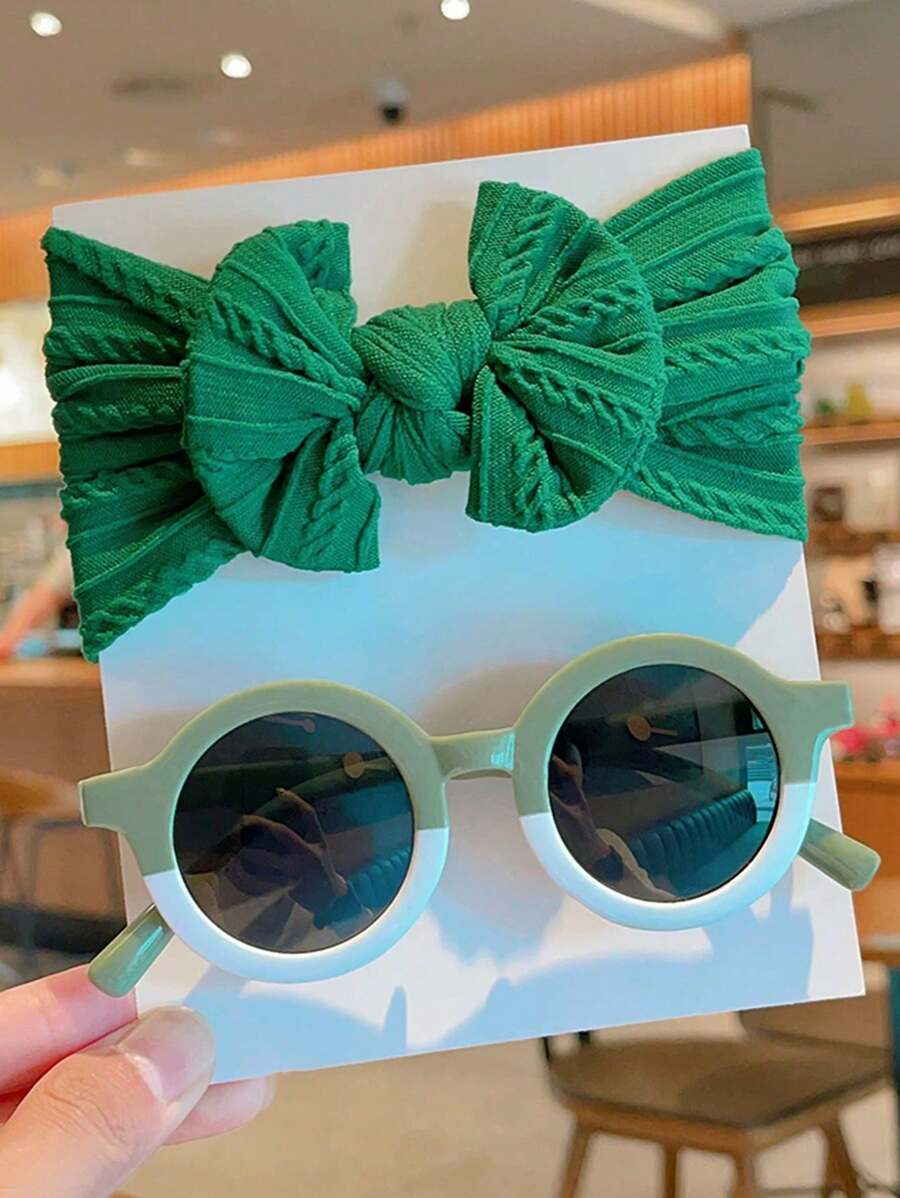 2 Pcs Kids Round Fashion Glasses & Bow Headband Set - Solid Color Unisex Baby Eyewear, Cute Toddler Hair Accessories
