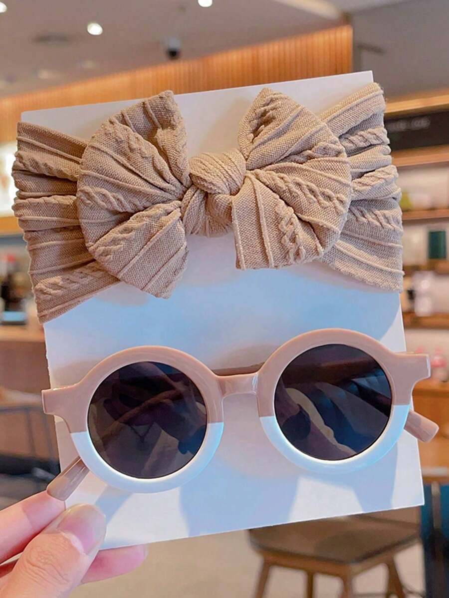 2 Pcs Kids Round Fashion Glasses & Bow Headband Set - Solid Color Unisex Baby Eyewear, Cute Toddler Hair Accessories