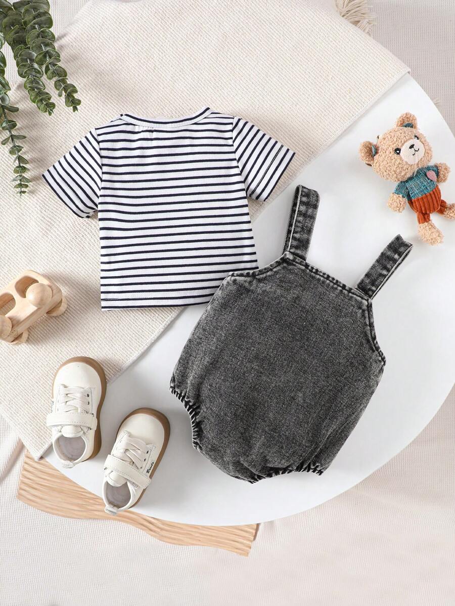 2PCS Baby Boy Striped T Shirt and Bear Suspender Shorts Set for Cute Summer Daily Wear