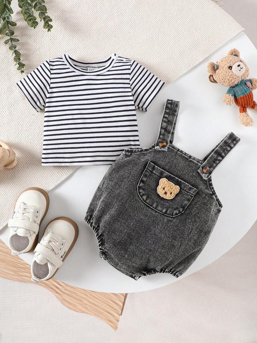 2PCS Baby Boy Striped T Shirt and Bear Suspender Shorts Set for Cute Summer Daily Wear