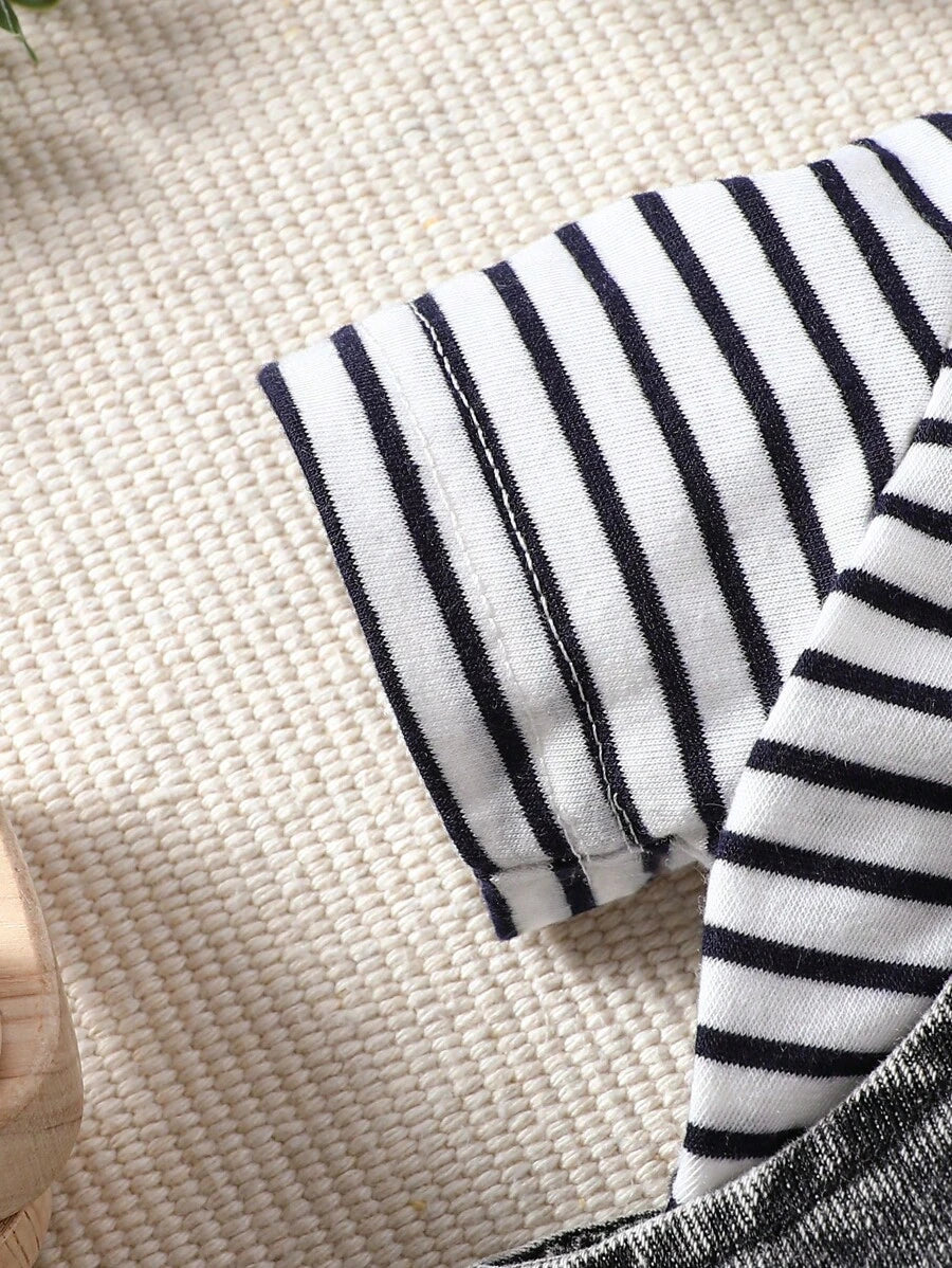 2PCS Baby Boy Striped T Shirt and Bear Suspender Shorts Set for Cute Summer Daily Wear