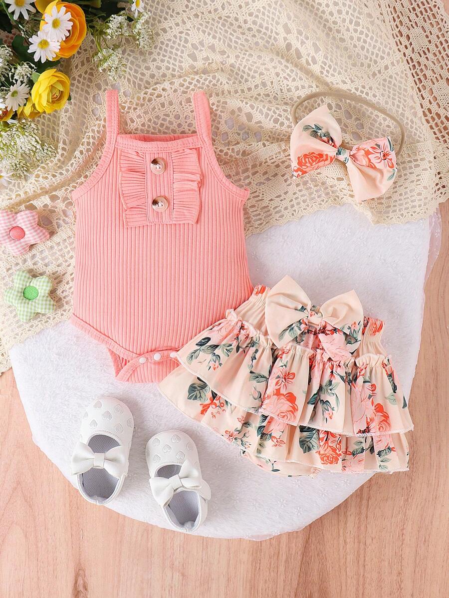 2PCS Baby Girl Lovely Bodysuit and Shorts Set for Cute Summer Daily Wear