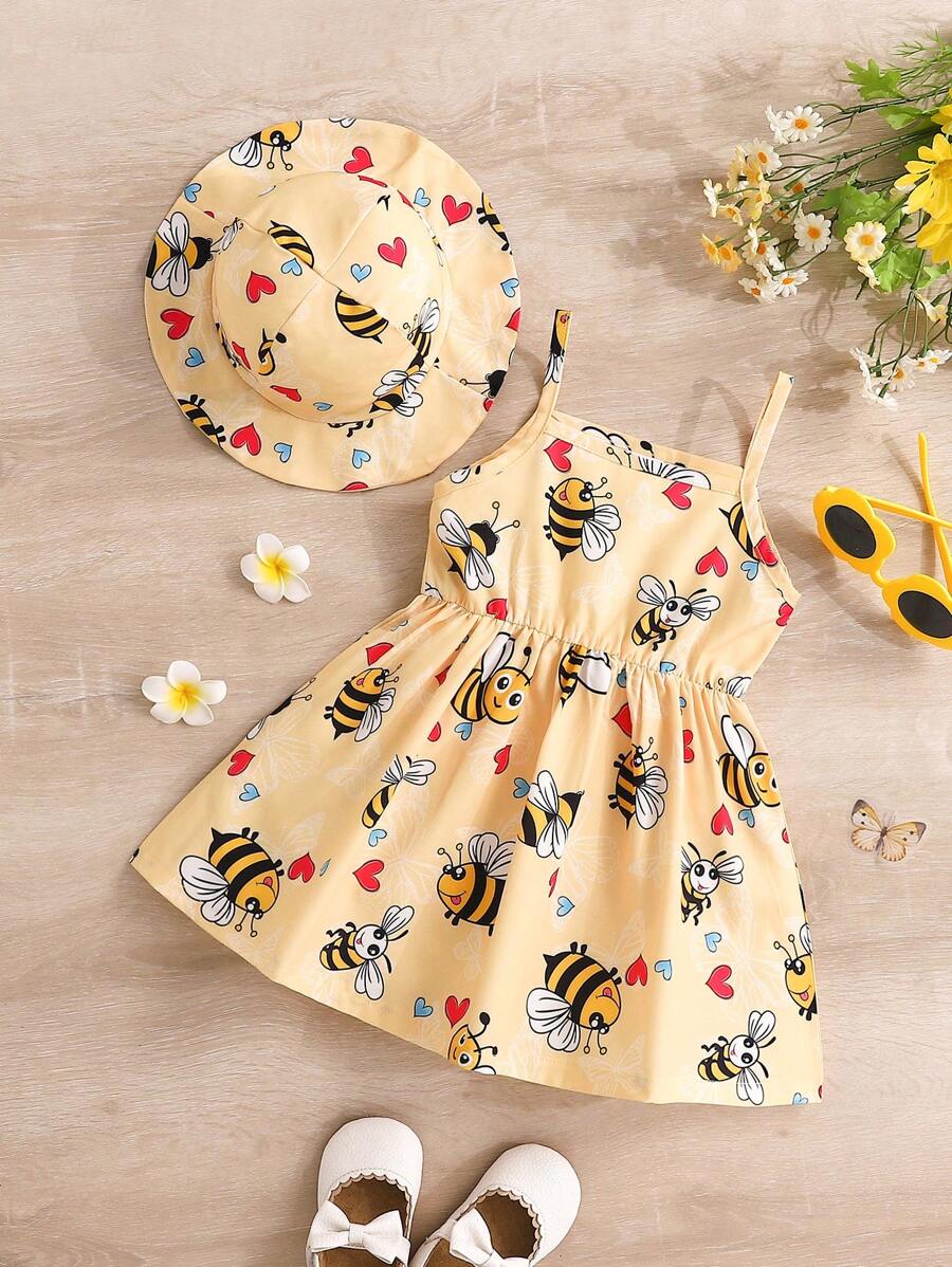 Toddler Girl 2pcs Casual Bee Print Sun Dress Set with Matching Bucket Hat - Comfortable Summer Clothes