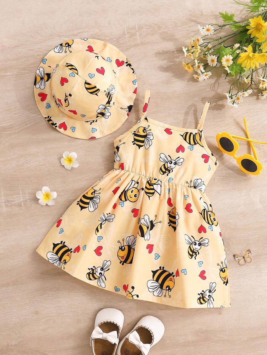 Toddler Girl 2pcs Casual Bee Print Sun Dress Set with Matching Bucket Hat - Comfortable Summer Clothes