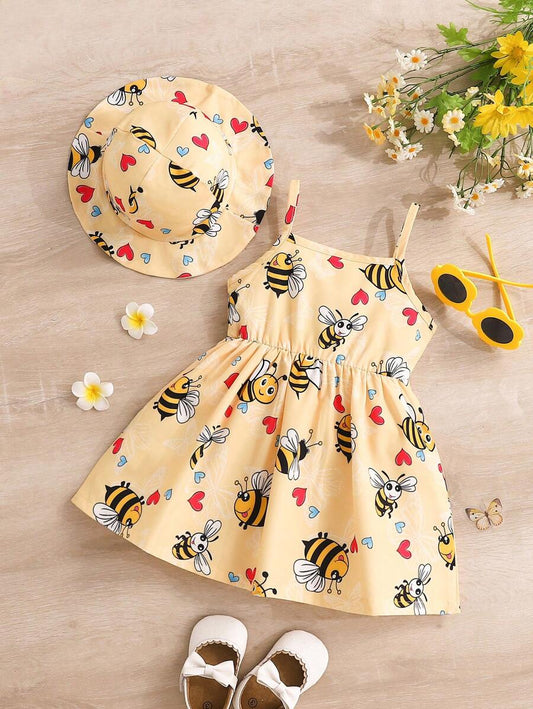 Toddler Girl 2pcs Casual Bee Print Sun Dress Set with Matching Bucket Hat - Comfortable Summer Clothes