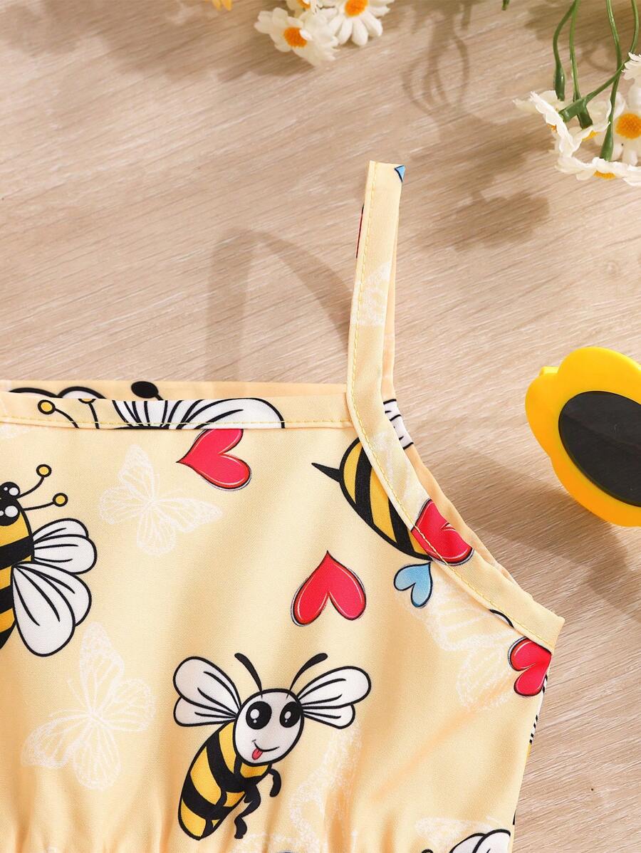 Toddler Girl 2pcs Casual Bee Print Sun Dress Set with Matching Bucket Hat - Comfortable Summer Clothes