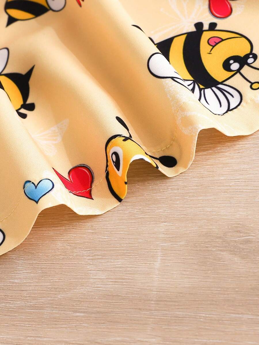 Toddler Girl 2pcs Casual Bee Print Sun Dress Set with Matching Bucket Hat - Comfortable Summer Clothes