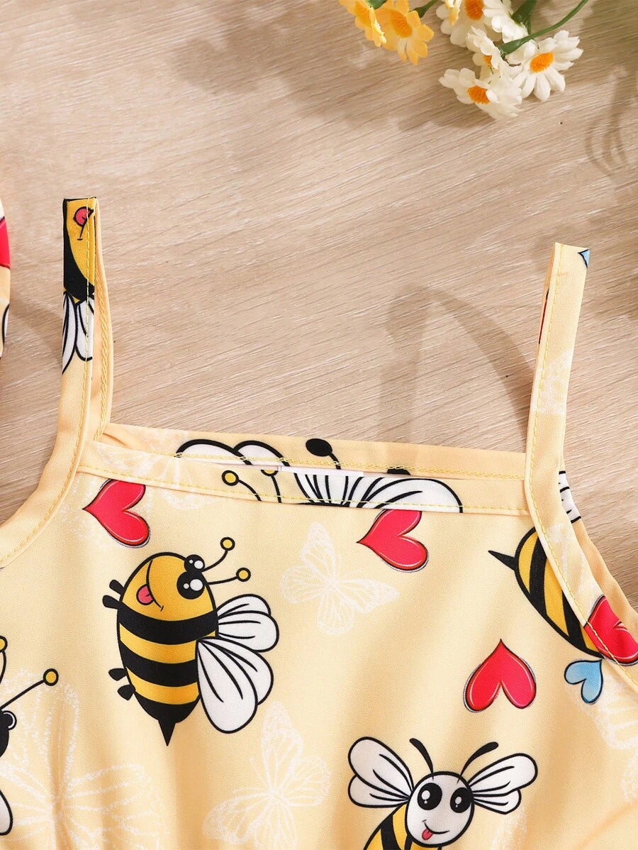 Toddler Girl 2pcs Casual Bee Print Sun Dress Set with Matching Bucket Hat - Comfortable Summer Clothes
