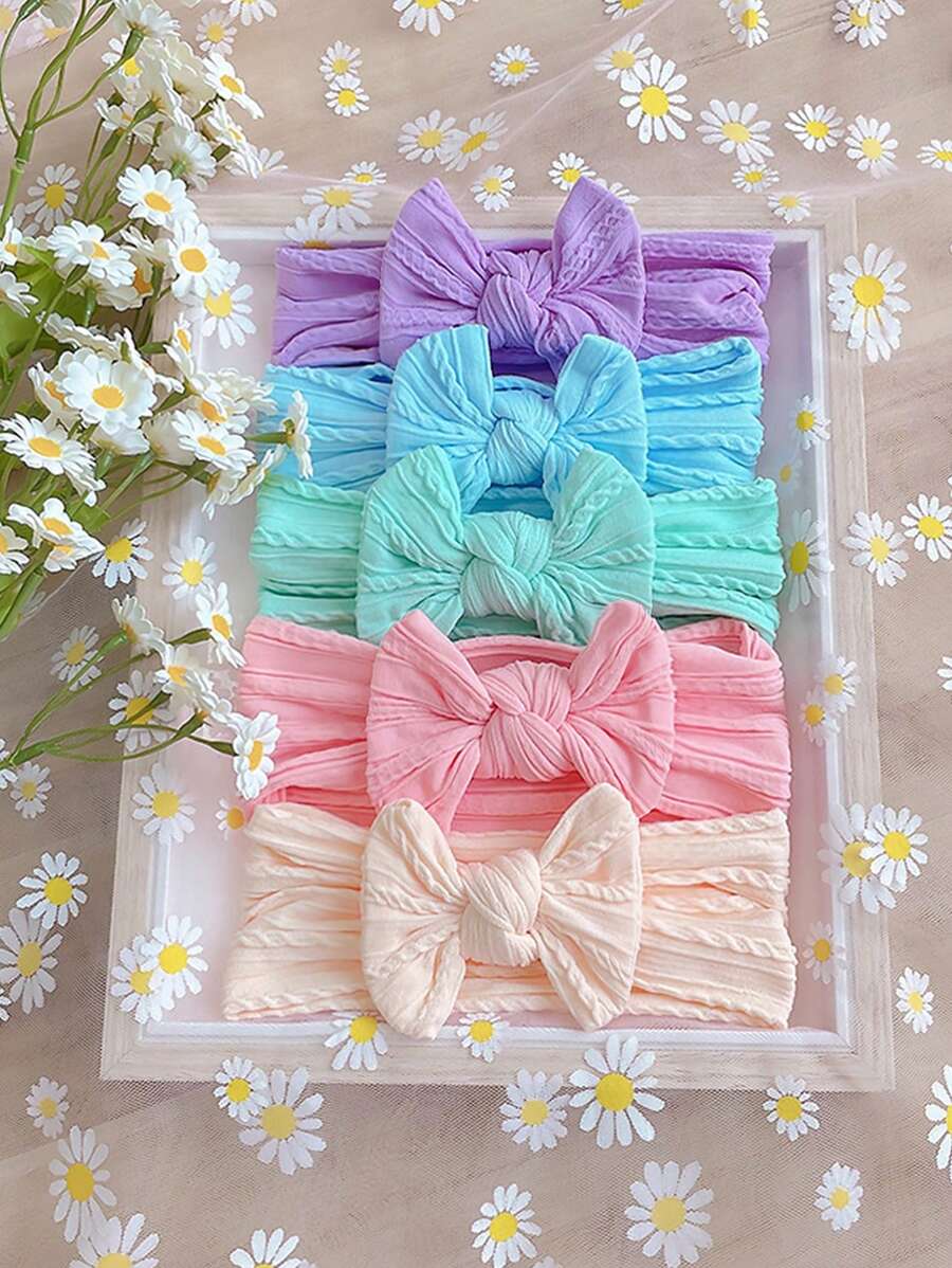 5 Pcs Candy Color Baby Headbands - Nylon Jacquard Bowknot Design, Daily Use Cute Love Valentine Hair Accessories