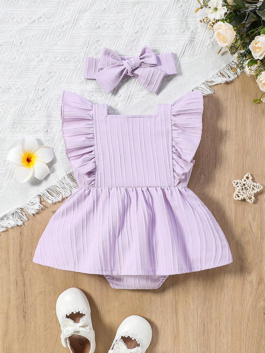 Baby Girl 2pcs Summer Clothes Set - Blue Jacquard Ruffle Romper and Headband