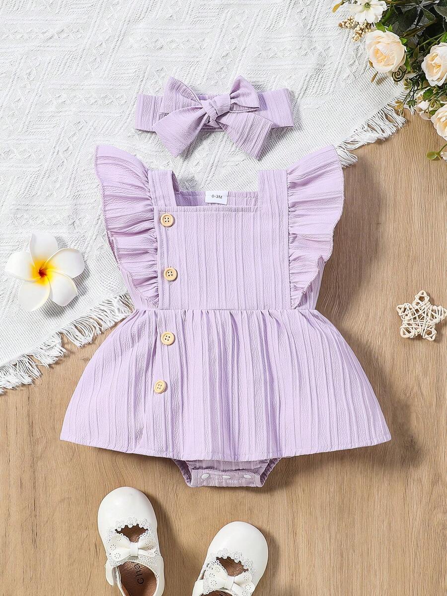 Baby Girl 2pcs Summer Clothes Set - Blue Jacquard Ruffle Romper and Headband