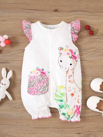 Cute Giraffe Print Baby Romper Lightweight Summer Outfit For Infant Girls