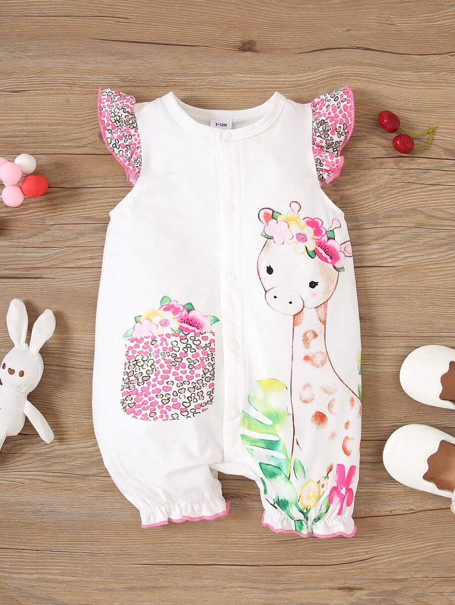 Cute Giraffe Print Baby Romper Lightweight Summer Outfit For Infant Girls