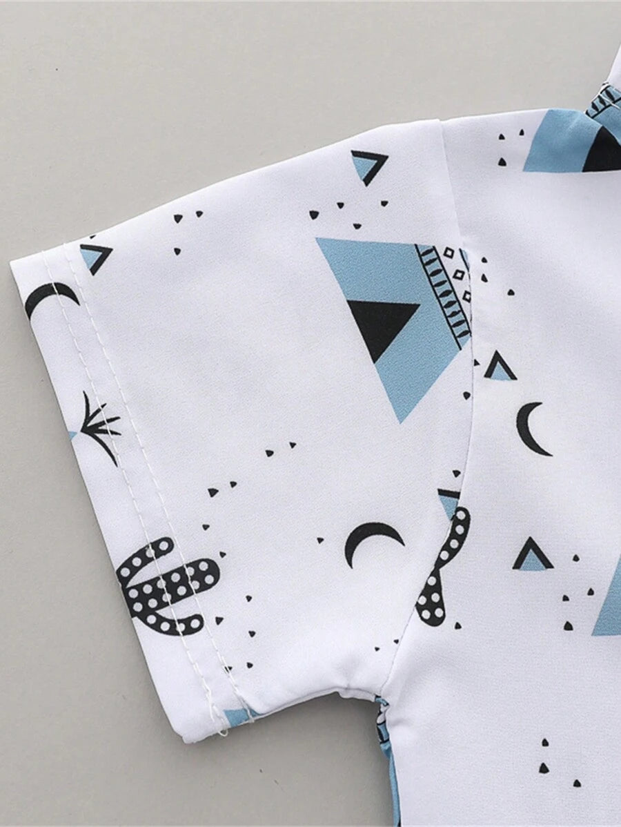 Cute Full Collar Summer Outfit For Toddler Boys Cartoon Shirt And Shorts